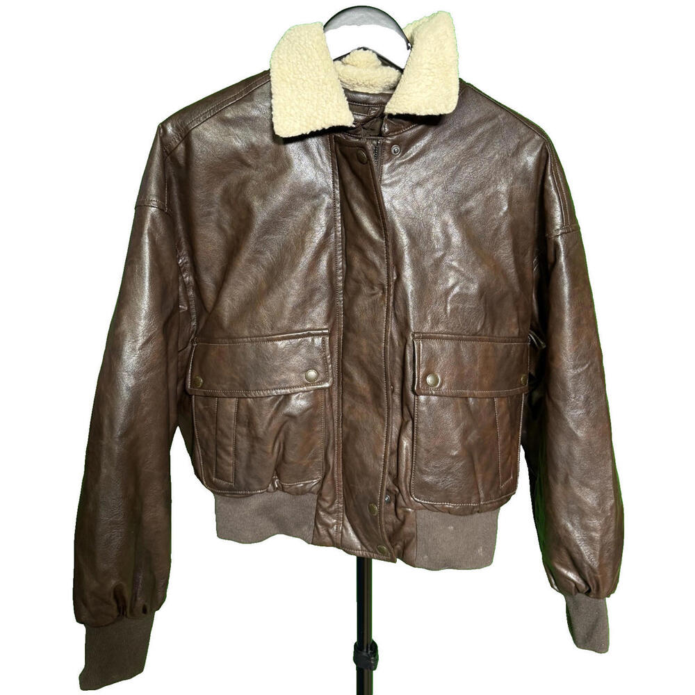 American Eagle Faux Leather Bomber Jacket Fur Collar Size S